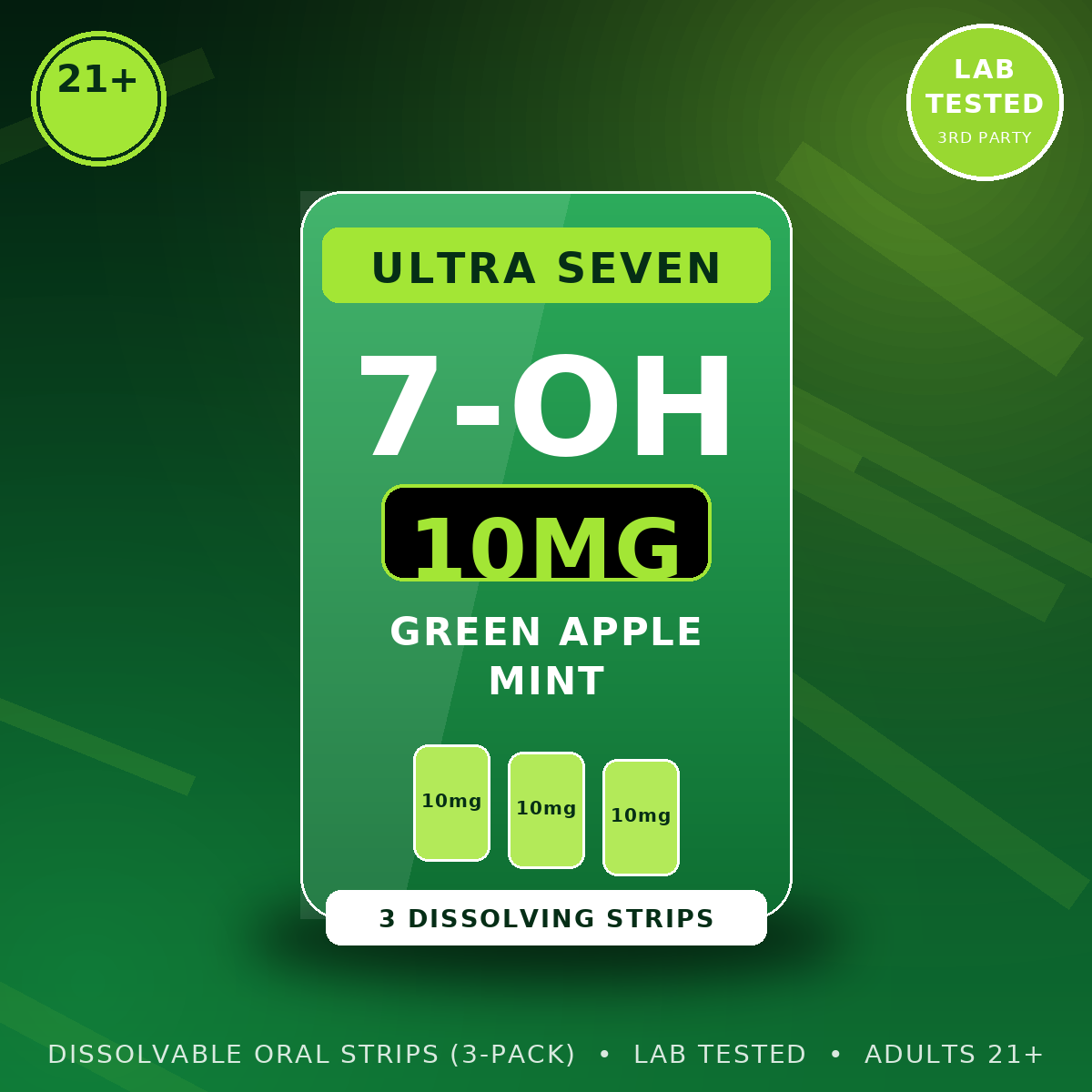 Ultra Seven 30mg 7-OH Green Apple Mint dissolvable oral strips three-pack with bold green foil packaging